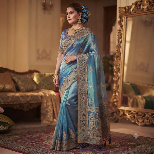 Sapphire Ocean Tissue Saree