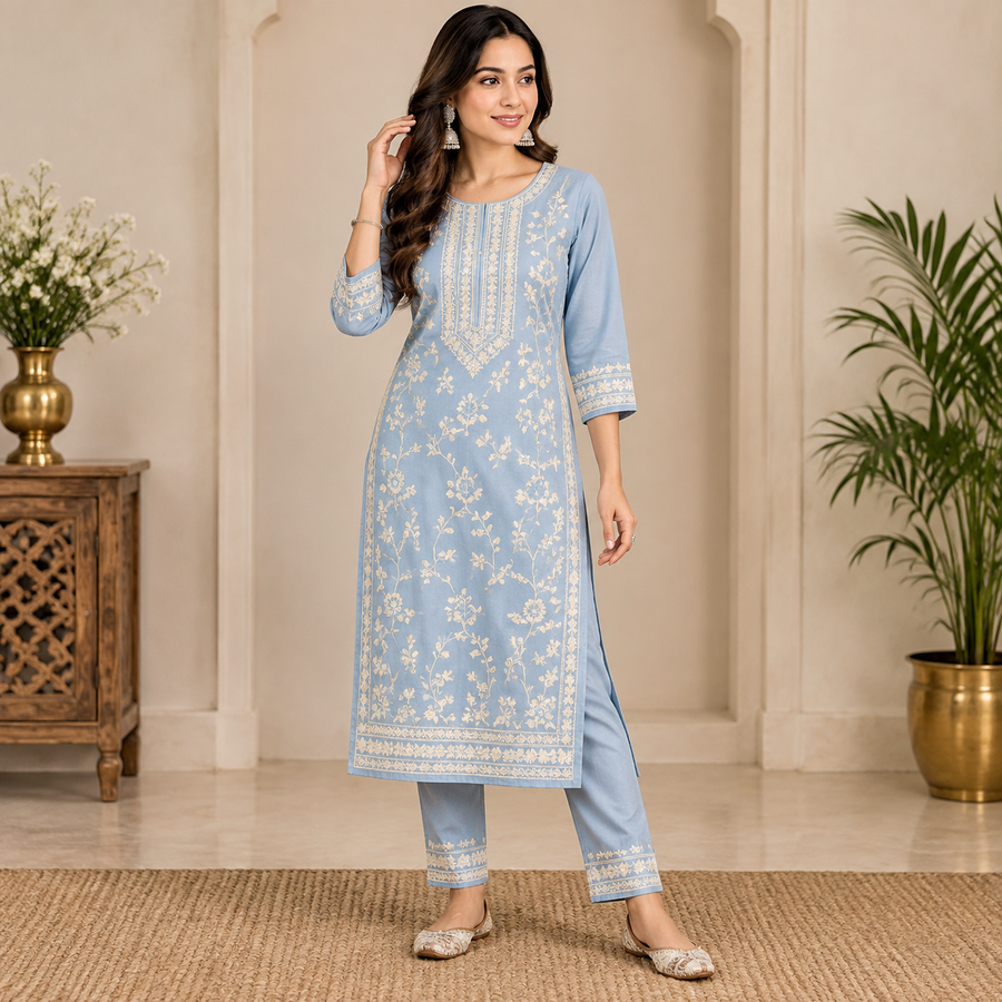 Premium Embroidered Cotton Straight Kurti