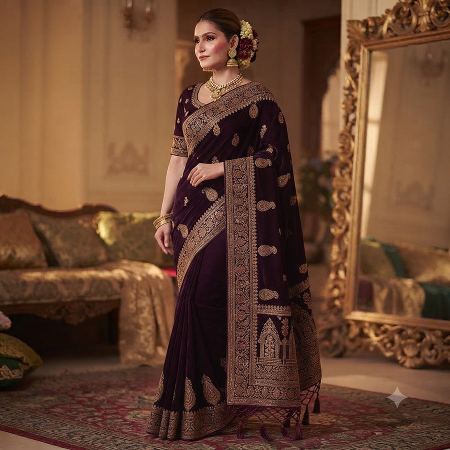 Midnight Plum Velvet Saree