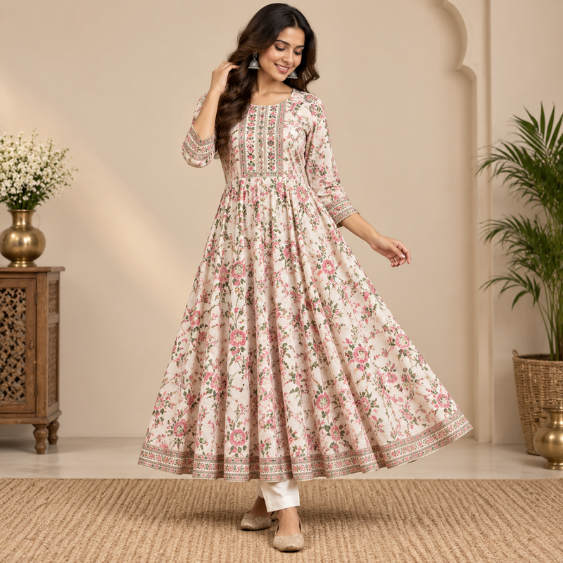 Premium Floral Printed Rayon Anarkali Kurti