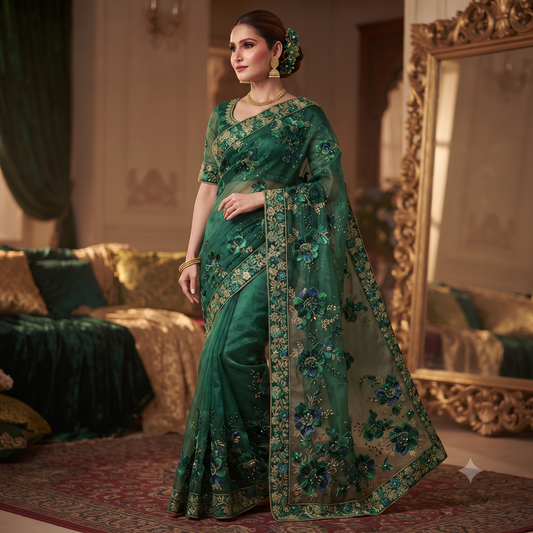 Emerald Bloom Organza Saree